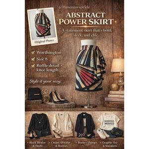 POWER SKIRT ARTSYAbstract Geometric Ruffle Knee Length Skirt Size 8 Multi Color